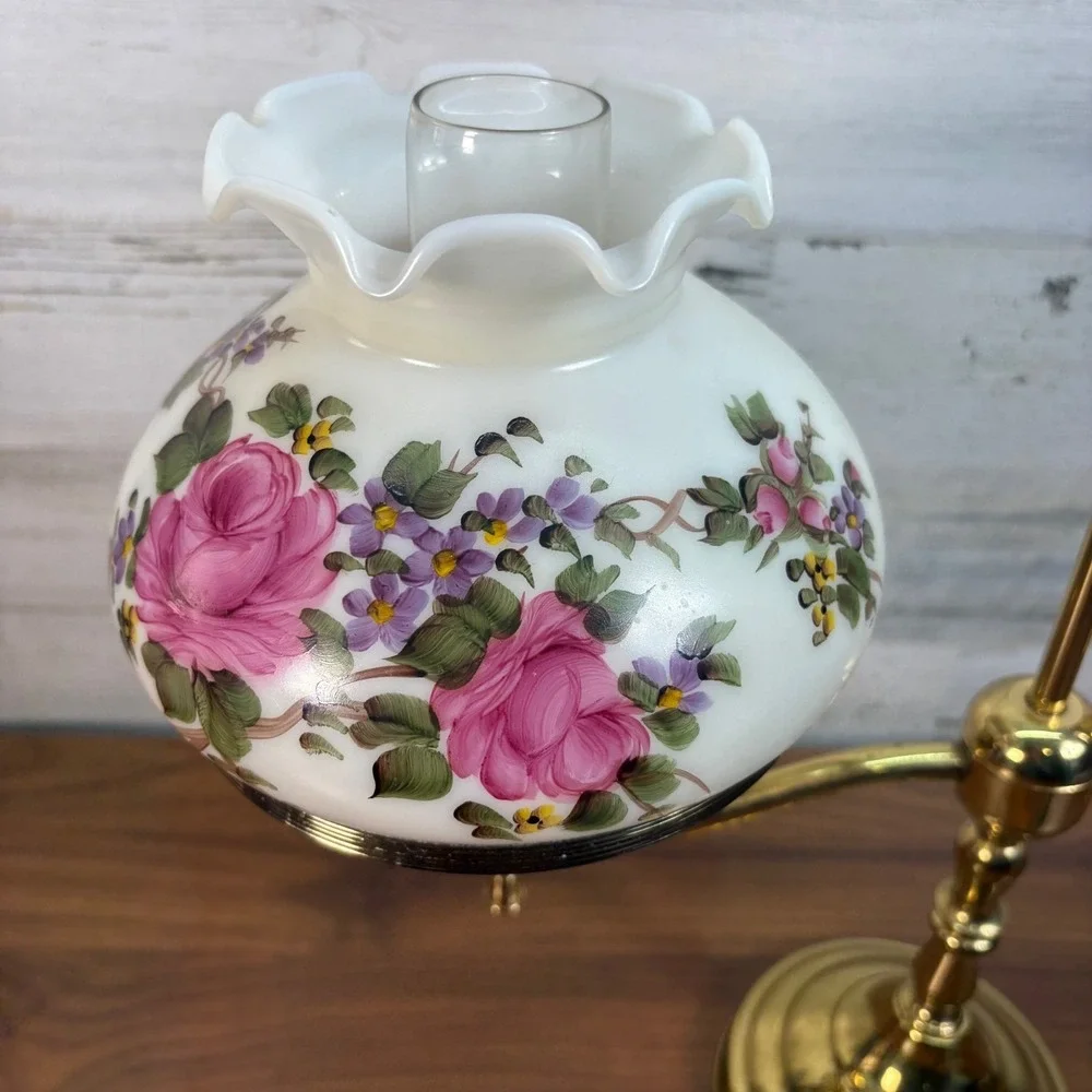 Antique Brass Student Oil Lamp Modified Wired Working with Floral Single Arm